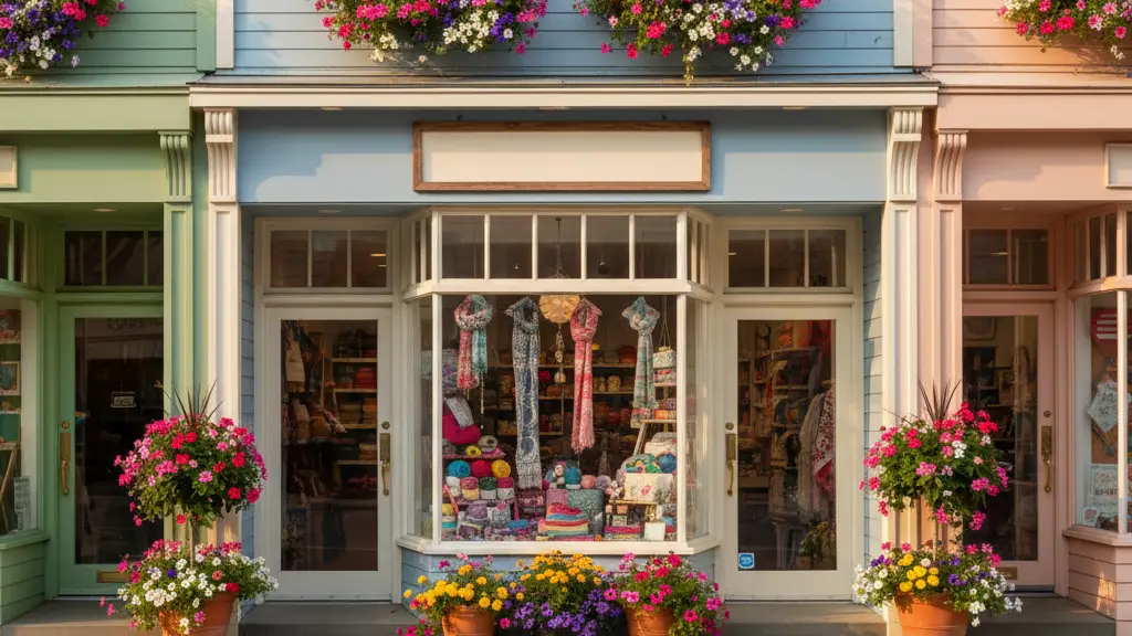 Pastel renkli küçük dükkânların bulunduğu sıcak ve huzurlu bir sokak, çiçeklerle süslü vitrinler ve Blossom Street serisinin umut dolu atmosferini yansıtan modern bir mahalle manzarası